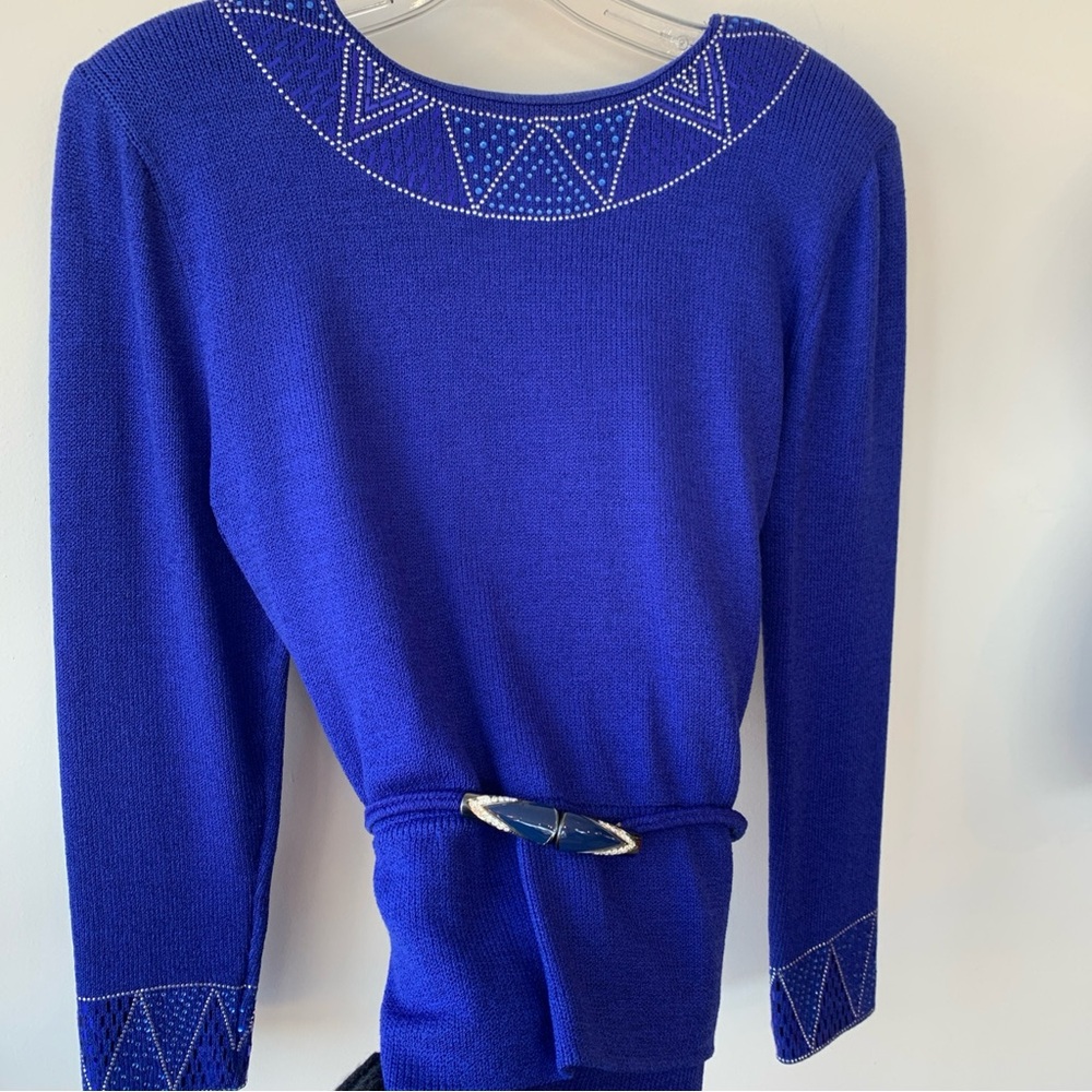 Vintage St. John Evening Skirt Suit  Cobalt Blue Size 8 Sexy Low Open Back Dress
